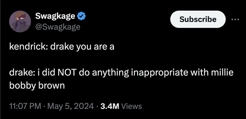 screenshot - Swagkage kendrick drake you are a Subscribe drake i did Not do anything inappropriate with millie bobby brown 3.4M Views
